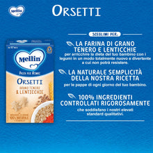 Carica l'immagine nel visualizzatore di Gallery, Mellin La Pasta dei Bimbi, 100% Naturale, ORSETTI con Grano Tenero e Lenticchie 280g