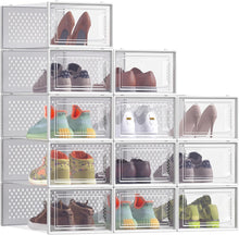 Carica l'immagine nel visualizzatore di Gallery, SONGMICS Scatole per Scarpe, Contenitori per Scarpe, Organizzatori Portascarpe Pieghevoli e Impilabili, Fino alla Taglia 43, Set di 12, Trasparente e Bianco Nuvola LSP066W12