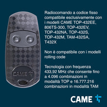 Carica l'immagine nel visualizzatore di Gallery, CAME Telecomando TOP-432EE bicanale nero multiutenza codice fisso con autoapprendimento, 433,92 MHz, batteria CR2032 inc