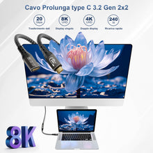 Carica l'immagine nel visualizzatore di Gallery, ZIKNYDO Prolunga USB C 2 metri,(USB C 3.2 Gen 2x2, PD3.1 240W 48V/5A), Video 8K@30Hz, 4K@60Hz/ 144Hz Cavo Prolunga type 