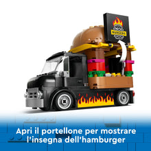 Carica l'immagine nel visualizzatore di Gallery, LEGO City Furgone degli Hamburger Giocattolo, Veicolo da Costruire per Bambini e Bambine da 5 Anni in su, Camion Food Truck con Accessori per Cucinare e 2 Minifigure, Regalo Divertente 60404