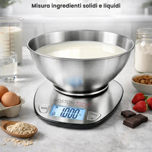 Carica l'immagine nel visualizzatore di Gallery, Boston Tech Bilancia Cucina Digitale con Ciotola Rimovibile in Acciaio Inox, Bilancia da Cucina 5 kg/1 g, Display LCD Re