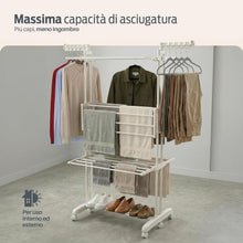 Carica l'immagine nel visualizzatore di Gallery, PORTENTUM Stendino verticale salvaspazio pieghevole con 4 livelli e 24 barre di stenditura – Fino a 40 kg – Stendibiancheria con 2 accessori per calzini e 2 ali laterali – Ruote girevoli con freno