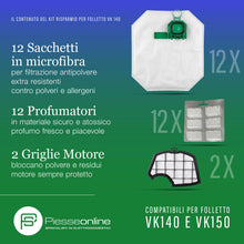 Carica l'immagine nel visualizzatore di Gallery, Kit Risparmio 26 PZ per Folletto VK140, 12 Sacchetti 12 Profumini 2 Griglie