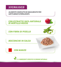 Carica l'immagine nel visualizzatore di Gallery, Natural Trainer Sterilised Adult Cibo Umido per Gatti con Manzo e Fibra di Pisello 12 buste x 85 g - 1020 gr