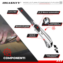 Carica l'immagine nel visualizzatore di Gallery, HASKYY Set 2 Taglierini Professionali 18mm + 5 Lame SK5 Premium - Cutter Sicurezza con Auto-Lock