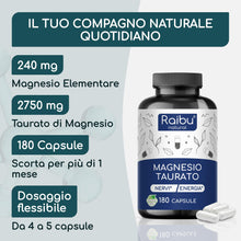 Carica l'immagine nel visualizzatore di Gallery, Magnesio Taurato, 180 Capsule - 2750 mg per dose (240 mg di Magnesio Elementare) - Per Muscoli e Sistema Nervoso* - Form