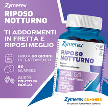 Carica l'immagine nel visualizzatore di Gallery, Zymerex RIPOSO NOTTURNO Gummies | 60 gommose | Rapido addormentamento | 1mg di Melatonina | Buon sonno | Jet leg | Integ