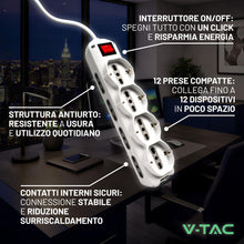Carica l'immagine nel visualizzatore di Gallery, V-TAC Multipresa Elettrica 12 PRESE con Interruttore e Cavo 1,5Mt - 8 Prese Laterali 10/16A Bipasso e 4 Frontali 10/16A 