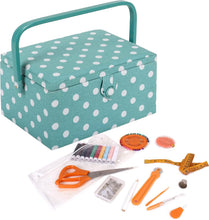 Carica l'immagine nel visualizzatore di Gallery, Hobby Gift Scatola Media per Cucito con Manico - Cestino Porta Cucito in Cotone con Scomparti per Strumenti e Accessori Creativi - 18,5 x 25,5 x 14,5 cm, Pois Verde Acqua