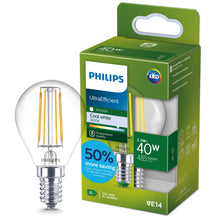 Carica l'immagine nel visualizzatore di Gallery, Philips Classic ultra-efficient LED bulb with energy efficiency class A, E14 base, replaces 40W, clear, warm white light