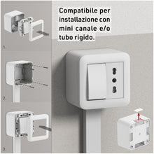 Carica l'immagine nel visualizzatore di Gallery, Electraline 60477 contenitore da superficie con presa bivalente e interruttore/deviatore FIXA 10A, bianco, IP40, compati