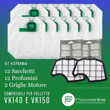 Carica l'immagine nel visualizzatore di Gallery, Kit Risparmio 26 PZ per Folletto VK140, 12 Sacchetti 12 Profumini 2 Griglie