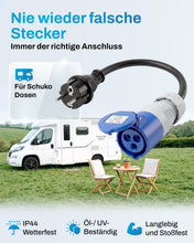 Carica l'immagine nel visualizzatore di Gallery, Adattatore CEE spina Schuko a presa CEE, cavo 'campeggio', cavo IP44, prolunga, H07RN-F 3G2,5, adattatore 16A
