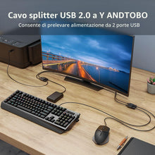 Carica l'immagine nel visualizzatore di Gallery, ANDTOBO Cavo Sdoppiatore USB, Cavo Doppio USB Maschio Femmina Y Splitter Per PC/iPhones/Dischi Rigidi Esterni - Nero
