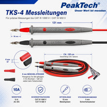 Carica l'immagine nel visualizzatore di Gallery, Peak Tech 1 Coppia Puntali multimetro Flessibile 120 cm, sicurezza – test kit di cavi, 1000 V AC/DC, 10 a, Cat III/IV, 1