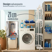 Carica l'immagine nel visualizzatore di Gallery, PORTENTUM Stendino verticale salvaspazio pieghevole con 4 livelli e 24 barre di stenditura – Fino a 40 kg – Stendibiancheria con 2 accessori per calzini e 2 ali laterali – Ruote girevoli con freno