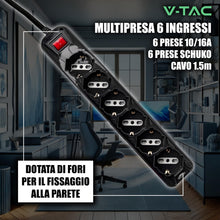 Carica l'immagine nel visualizzatore di Gallery, V-TAC Multipresa Elettrica Nera 6 Prese con Interruttore e Cavo da 1,5 Metri - 5 Prese 10/16A Bipasso + Schuko - Spina 1