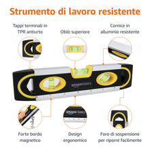 Carica l'immagine nel visualizzatore di Gallery, Amazon Basics livella torpedo magnetica e righello da 22.8 cm, a piombo/livella/bolla a 180, 90, 45 gradi, Nero, Giallo