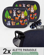 Carica l'immagine nel visualizzatore di Gallery, HECKBO 2X parasole per auto con 8 ventose - motivo animali della foresta - 44x36cm - parasole per finestrino laterale de
