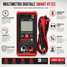 Carica l'immagine nel visualizzatore di Gallery, Multimetro Digitale Smart HT123, Tester Elettrico NCV CAT II 600V con Display LCD, Rilevamento Automatico AC/DC, Misura 