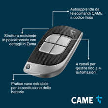 Carica l'immagine nel visualizzatore di Gallery, CAME Telecomando TTS dal design elegante quadricanale nero e grigio 4 pulsanti a codice fisso a 433,92 MHz con funzione 