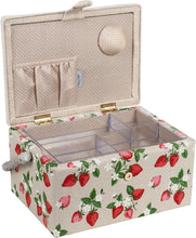 Carica l'immagine nel visualizzatore di Gallery, HobbyGift HobbyGift Esclusivo Contenitore Medio per lavori di Cucito, Hobby, Vassoio per Accessori, Tasca per puntine, Cuscino, Manico in PVC, Coperchio, Fragole Ricamate, 18.5 x 25.5 x 14.5cm