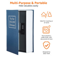 Carica l'immagine nel visualizzatore di Gallery, Amazon Basics Cassetta portavalori a forma di libro, Serratura con combinazione, Grande, Blu