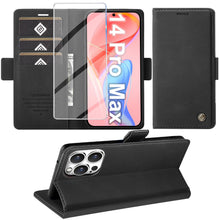 Carica l'immagine nel visualizzatore di Gallery, Giyer Cover per iPhone 14 Pro Max Custodia con Vetro Temperato, Premium PU Portafoglio Slot per Scheda RFID Antifurto Fu