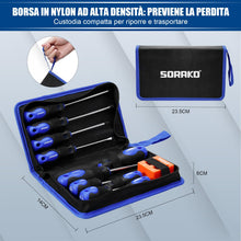 Carica l'immagine nel visualizzatore di Gallery, SORAKO Set cacciaviti da 11 pezzi, Con smagnetizzazione 2 in 1, Borsa in nylon ad alta densità, punta magnetica, impugna