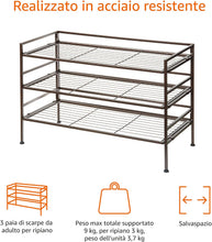 Carica l'immagine nel visualizzatore di Gallery, Amazon Basics 3 Ripiani Scarpiera per 9 paia di scarpe, Marrone, 68 D x 32 W x 47.5 H cm