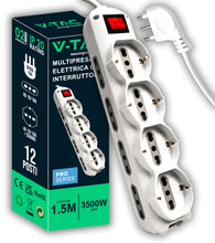 Carica l'immagine nel visualizzatore di Gallery, V-TAC Multipresa Elettrica 12 PRESE con Interruttore e Cavo 1,5Mt - 8 Prese Laterali 10/16A Bipasso e 4 Frontali 10/16A 