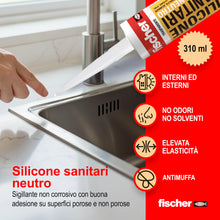 Carica l'immagine nel visualizzatore di Gallery, Fischer SNS Silicone Neutro Sanitari Trasparente, Sigillante per Materiali Porosi, Antimuffa, Per WC, Vasca, Doccia, Lav
