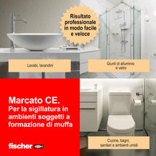 Carica l'immagine nel visualizzatore di Gallery, Fischer SNS Silicone Neutro Sanitari Trasparente, Sigillante per Materiali Porosi, Antimuffa, Per WC, Vasca, Doccia, Lav