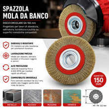 Carica l'immagine nel visualizzatore di Gallery, Topolenashop Spazzola Circolare per Mola da Banco 150 mm – Disco con Setole in Acciaio Ottonato e Adattatori Albero – pe