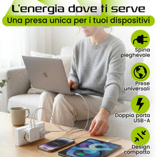 Carica l'immagine nel visualizzatore di Gallery, Multipresa USB Compatta con Spina Pieghevole – Presa Schuko + 2 Porte USB-A 12W – Adattatore Universale da Viaggio Salva