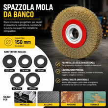 Carica l'immagine nel visualizzatore di Gallery, Topolenashop Spazzola Circolare per Mola da Banco 150 mm – Disco con Setole in Acciaio Ottonato e Adattatori Albero – pe