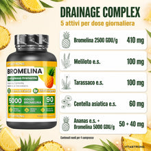 Carica l'immagine nel visualizzatore di Gallery, Bromelina Complesso Drenante Forte 5000+2500 GDU Centella Tarassaco 90 cpr