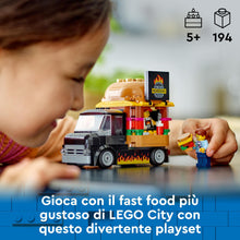 Carica l'immagine nel visualizzatore di Gallery, LEGO City Furgone degli Hamburger Giocattolo, Veicolo da Costruire per Bambini e Bambine da 5 Anni in su, Camion Food Truck con Accessori per Cucinare e 2 Minifigure, Regalo Divertente 60404