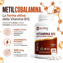 Carica l'immagine nel visualizzatore di Gallery, NutrexLab Vitamina B12 1000 mcg – Metilcobalamina – 450 Microcompresse – Alto Dosaggio – 15 Mesi di Scorta – Integratore