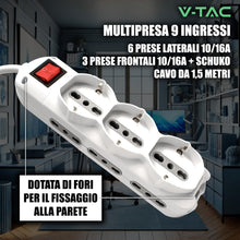 Carica l'immagine nel visualizzatore di Gallery, V-TAC Multipresa Elettrica 9 PRESE con Interruttore e Cavo 1,5mt - 6 Prese Laterali 10/16A Bipasso e 3 Frontali 10/16A B