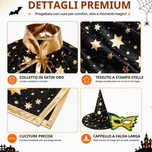 Carica l'immagine nel visualizzatore di Gallery, Costume di Halloween per bambini, mantello da strega con cappello, zucca, borsa per caramelle, mantello da mago con ogge