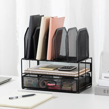 Carica l'immagine nel visualizzatore di Gallery, Amazon Basics Organizer da scrivania in rete con cassetto a scorrimento, due scomparti e 5 sezioni verticali, Nero