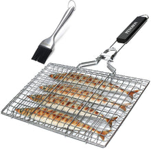 Carica l'immagine nel visualizzatore di Gallery, Cestino da Barbecue Pieghevole in Acciaio Inox per Pesce, Gamberetti con Manico Rimovibile, con Pennello da Forno e Bors