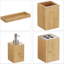 Carica l'immagine nel visualizzatore di Gallery, Relaxdays Set Bagno, Confezione 4 Accessori in bambù, Portaspazzolino, Porta Dentifricio, Portasapone &amp; Vassoio,Naturale