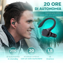 Carica l'immagine nel visualizzatore di Gallery, Auricolare Bluetooth mono senza fili V5.2, design 360° sopra l'orecchio, microfono integrato, batteria 70 mAh, 20 ore di