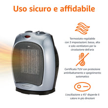 Carica l'immagine nel visualizzatore di Gallery, Amazon Basics Termoventilatore oscillante in ceramica da 1800 Watt con termostato regolabile - Argento