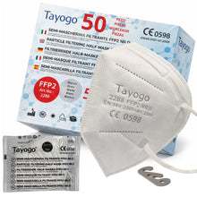 Carica l'immagine nel visualizzatore di Gallery, Tayogo 50 Mascherine FFP2 Bianche Certificate CE 0598 – 5 Strati, Filtrazione ≥ 99,5% – Anallergiche, Comode, Prive di O