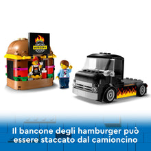 Carica l'immagine nel visualizzatore di Gallery, LEGO City Furgone degli Hamburger Giocattolo, Veicolo da Costruire per Bambini e Bambine da 5 Anni in su, Camion Food Truck con Accessori per Cucinare e 2 Minifigure, Regalo Divertente 60404