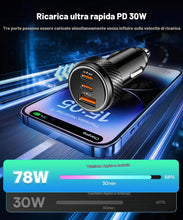 Carica l'immagine nel visualizzatore di Gallery, 3-Porte Caricatore Auto USB Accendisigari USB Caricabatterie, 78W Caricabatterie Auto Cellulare Dual PD+QC3.0 Adattatore